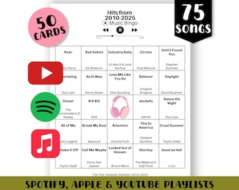 2000s Music Bingo Game: 50 Printable Cards (Digital Download, Playlists Included)
