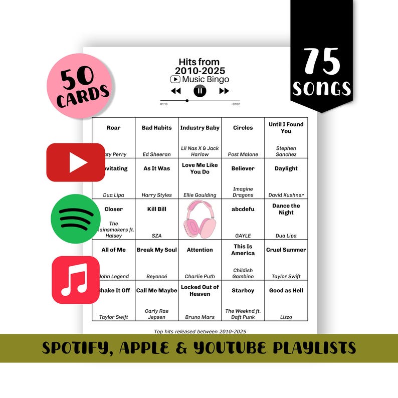 May include: A music bingo game card with the text "Hits from 2010-2025 Music Bingo". The card includes a grid of song titles, a pink circle with "50 CARDS", and a black banner with "75 songs". The bottom banner reads "SPOTIFY, APPLE & YOUTUBE PLAYLISTS".