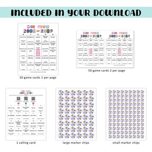 May include: A digital download featuring bingo game cards, a calling card, and marker chips. The bingo cards are designed with a pink and white color scheme and include the text "HITS FROM 2000-2009". The image also includes large and small marker chips.