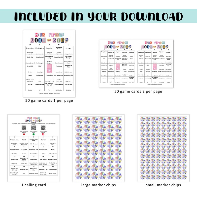 May include: A digital download featuring bingo game cards, a calling card, and marker chips. The bingo cards are designed with a pink and white color scheme and include the text "HITS FROM 2000-2009". The image also includes large and small marker chips.