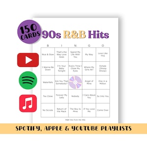 Juego de bingo de R&B de los 90 (150 CARTAS) - (Listas de reproducción de Spotify, Apple y YouTube incluidas en tu descarga)