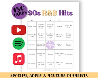 90s R&B Bingo Game: 150 Printable Cards (Digital Download)