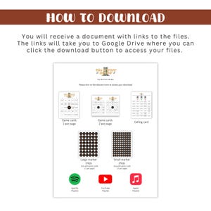 May include: A digital download guide with instructions on how to download files. The guide includes images of bingo cards, marker chips, and links to Spotify, YouTube, and Apple Music playlists. The text reads "HOW TO DOWNLOAD".