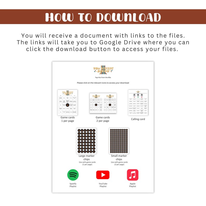 May include: A digital download guide with instructions on how to download files. The guide includes images of bingo cards, marker chips, and links to Spotify, YouTube, and Apple Music playlists. The text reads "HOW TO DOWNLOAD".