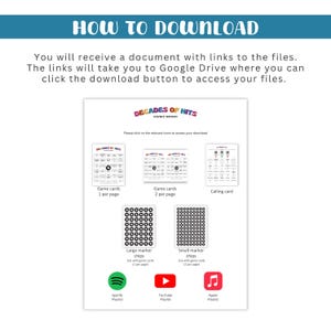 K&ouml;nnte beinhalten: Ein wei&szlig;es Dokument mit dem Text &bdquo;HOW TO DOWNLOAD&ldquo; oben. Das Dokument enth&auml;lt Anweisungen und Links zum Zugriff auf Dateien sowie Spielkarten, Marker-Chips und Playlist-Symbole f&uuml;r Spotify, YouTube und Apple Music.
