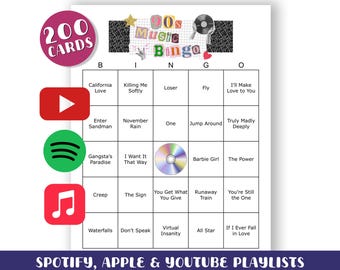 90er Musik Bingo Spiel: 200 Karten zum Ausdrucken (Digitaler Download)