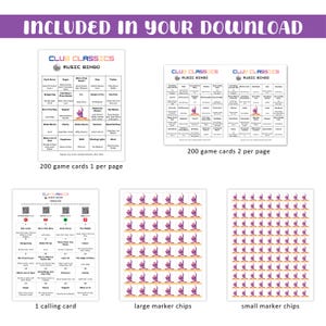 Puede incluir: Un juego de bingo musical con tarjetas de juego, una tarjeta de llamada y fichas marcadoras. Las tarjetas de juego est&aacute;n etiquetadas como "Club Classics Music Bingo". El juego incluye 200 tarjetas de juego, 1 tarjeta de llamada y fichas marcadoras grandes y peque&ntilde;as.