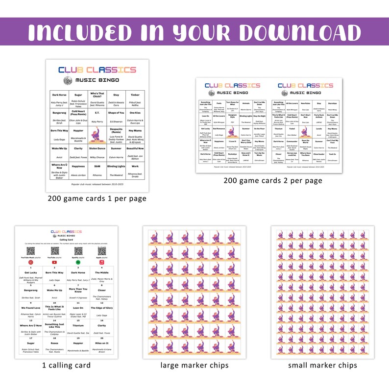 Puede incluir: Un juego de bingo musical con tarjetas de juego, una tarjeta de llamada y fichas marcadoras. Las tarjetas de juego est&aacute;n etiquetadas como "Club Classics Music Bingo". El juego incluye 200 tarjetas de juego, 1 tarjeta de llamada y fichas marcadoras grandes y peque&ntilde;as.