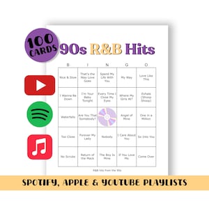Juego de bingo de R&B de los 90 (100 CARTAS) - (Listas de reproducción de Spotify, Apple y YouTube incluidas en tu descarga)