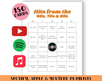 60s 70s 80s Music Bingo Game: 150 Printable Cards (Digital Download)