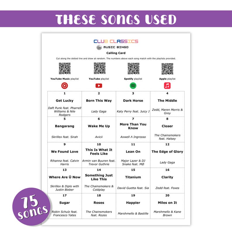 Puede incluir: Una tarjeta de bingo blanca con el texto "CLUB CLASSICS MUSIC BINGO" y las palabras "THESE SONGS USED". La tarjeta presenta una cuadr&iacute;cula de canciones, c&oacute;digos QR para listas de reproducci&oacute;n y el texto "75 SONGS".