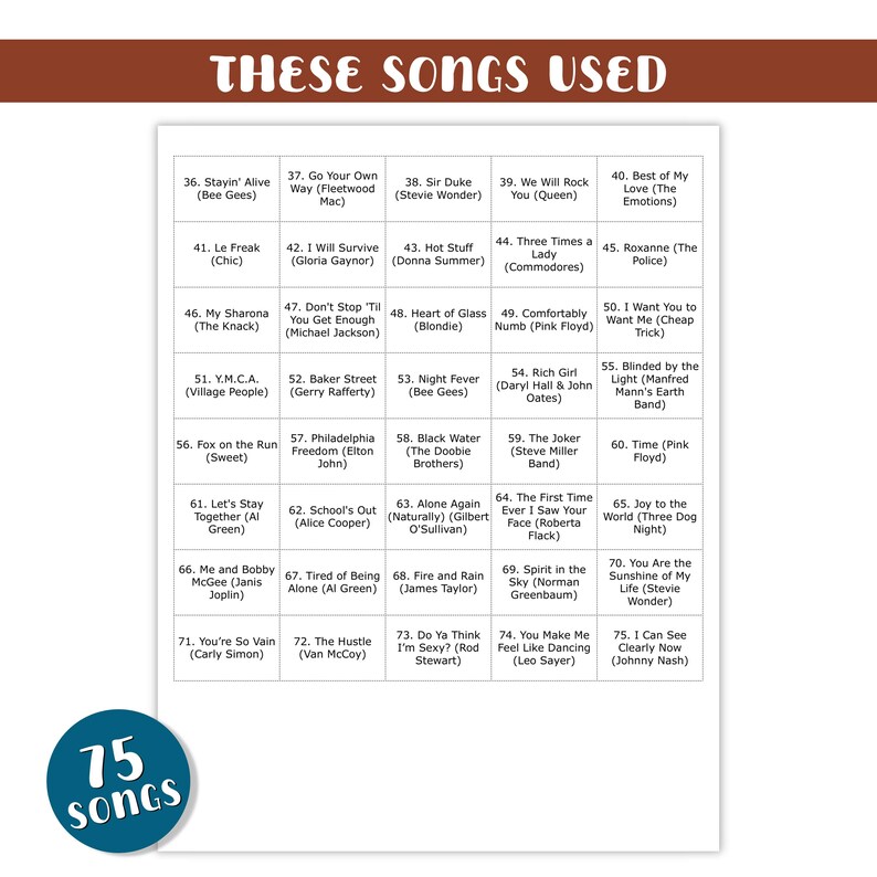 May include: A list of 75 songs, including titles and artists, displayed on a white background with a brown border. The list includes hits like "Stayin' Alive" and "We Will Rock You." A circular graphic at the bottom reads "75 songs."