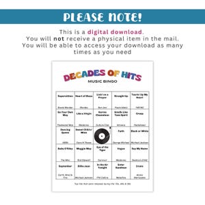 May include: A digital download of a music bingo game titled "Decades of Hits." The game features a grid with song titles from the 70s, 80s, and 90s, including artists like Madonna and Nirvana. The text "Please Note!" is at the top.