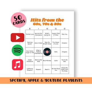Téléchargement numérique de bingo des années 60, 70 et 80 (50 CARTES) - (listes de lecture Spotify, Apple et YouTube incluses dans votre téléchargement)