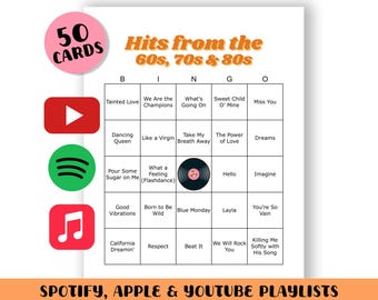 60s 70s 80s Music Bingo Game: 50 Printable Cards (Digital Download)