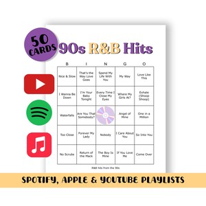 Juego de bingo de R&B de los 90 (50 CARTAS) - (Listas de reproducción de Spotify, Apple y YouTube incluidas en tu descarga)