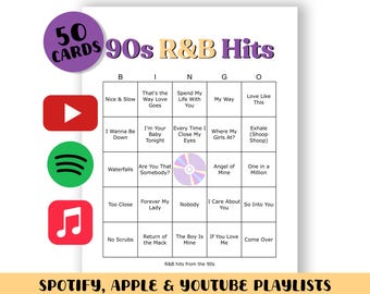 90s R&B Bingo Game: 50 Cards, Playlists Included (Digital Download
