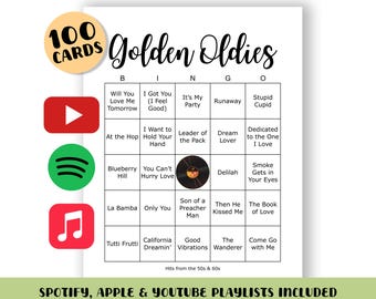 Juego de bingo Golden Oldies: Música de los años 50 y 60 (descarga digital, 100 cartones, listas de reproducción incluidas)