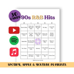 Juego de bingo de R&B de los 90 (30 CARTAS) - (Listas de reproducción de Spotify, Apple y YouTube incluidas en tu descarga)