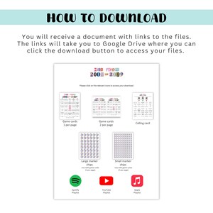 May include: A white document with instructions on how to download files. The document includes game cards, marker chips, and links to Spotify, YouTube, and Apple Music playlists. The title "HOW TO DOWNLOAD" is at the top.