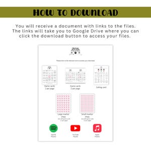May include: A white document with instructions on how to download files. The document includes images of game cards, marker chips, and icons for Spotify, YouTube, and Apple playlists. The text reads "HOW TO DOWNLOAD" at the top.