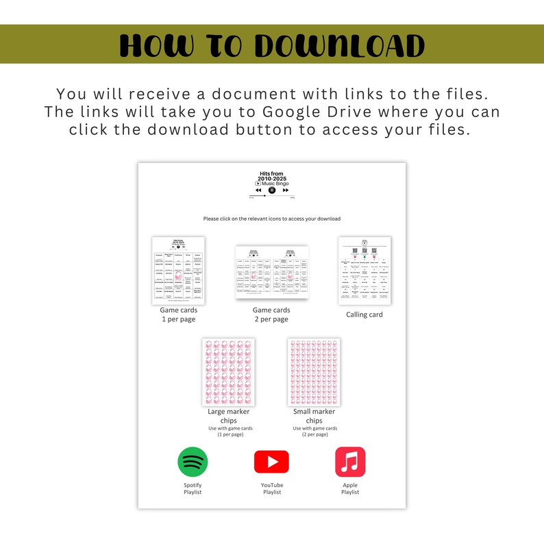 May include: A white document with instructions on how to download files. The document includes images of game cards, marker chips, and icons for Spotify, YouTube, and Apple playlists. The text reads "HOW TO DOWNLOAD" at the top.