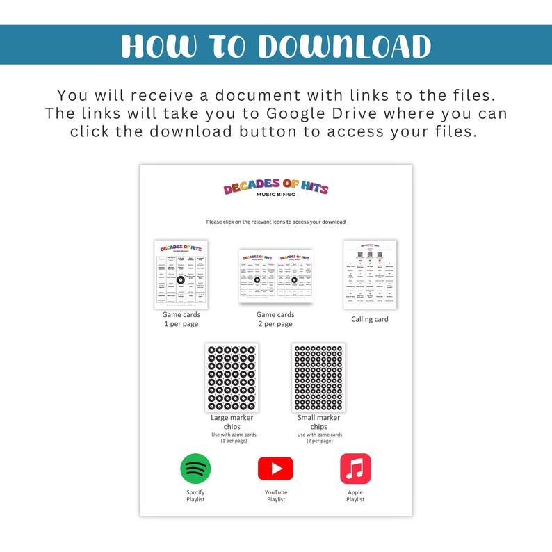 May include: A white document with the text "HOW TO DOWNLOAD" at the top. The document includes instructions and links to access files, along with game cards, marker chips, and playlist icons for Spotify, YouTube, and Apple Music.