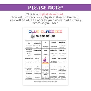 Puede incluir: Una descarga digital con el texto "&iexcl;TENGA EN CUENTA!" y "CLUB CLASSICS MUSIC BINGO". La tarjeta de bingo presenta m&uacute;sica de club popular lanzada entre 2010 y 2025, con t&iacute;tulos de canciones y artistas enumerados en cada casilla.