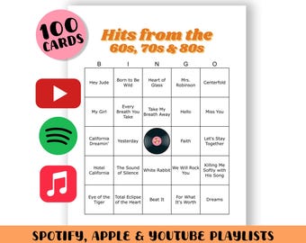 60s 70s 80s Music Bingo Game: 100 Cards (Digital Download)