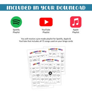 K&ouml;nnte beinhalten: Digitaler Download-Grafik mit dem Text "INCLUDED IN YOUR DOWNLOAD". Es zeigt Spotify-, YouTube- und Apple Music-Logos sowie Bingokarten mit der Aufschrift "Decades of Hits Music Bingo". Der Text besagt, dass eine vorgefertigte Playlist enthalten ist.