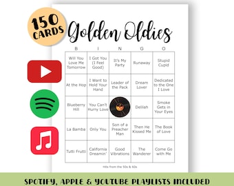 Juego de bingo Golden Oldies: Música de los años 50 y 60 (descarga digital, 150 cartones, listas de reproducción incluidas)
