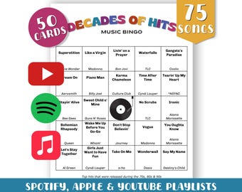 70s 80s 90s Music Bingo Game: 50 Printable Cards (Digital Download)