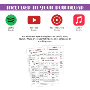 Puede incluir: Imagen con una pancarta morada que dice "INCLUDED IN YOUR DOWNLOAD". Iconos de listas de reproducci&oacute;n de Spotify, YouTube, YouTube Music y Apple. Se ven cartones de bingo con t&iacute;tulos de canciones. El texto indica que la descarga incluye listas de reproducci&oacute;n de 75 canciones.
