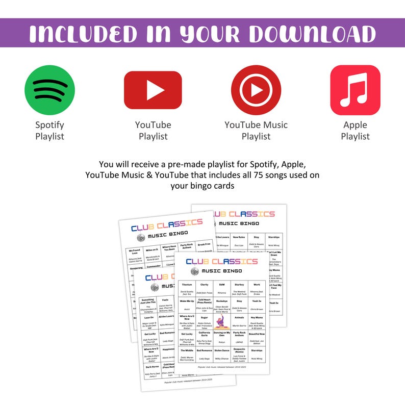 Puede incluir: Imagen con una pancarta morada que dice "INCLUDED IN YOUR DOWNLOAD". Iconos de listas de reproducci&oacute;n de Spotify, YouTube, YouTube Music y Apple. Se ven cartones de bingo con t&iacute;tulos de canciones. El texto indica que la descarga incluye listas de reproducci&oacute;n de 75 canciones.