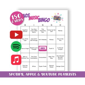 Bingo musical des années 80 (150 CARTES) en téléchargement numérique - (listes de lecture Spotify, Apple et YouTube incluses dans votre téléchargement)