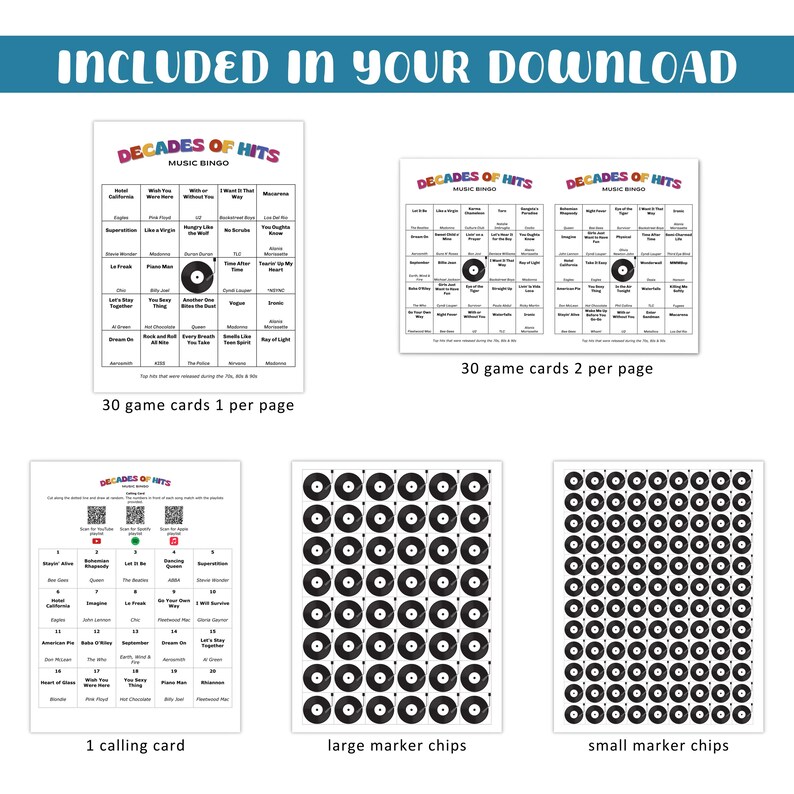K&ouml;nnte beinhalten: Ein Musik-Bingo-Spielset mit Spielkarten, einer Rufkarte und Markierungschips. Die Spielkarten tragen den Text "Decades of Hits". Der Text "Included in your download" befindet sich oben im Bild.