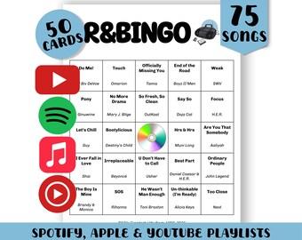 R&B Music Bingo Game (1990-2025) - 50 Cards (Digital Download) - With Playlists