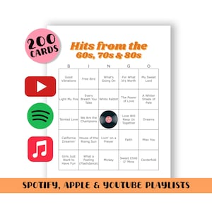 Bingo des années 60, 70 et 80 (200 CARTES) à téléchargement numérique - (listes de lecture Spotify, Apple et YouTube incluses dans votre téléchargement)