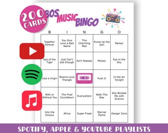 Juego de bingo musical de los 80: 200 tarjetas imprimibles (descarga digital, listas de reproducción incluidas)