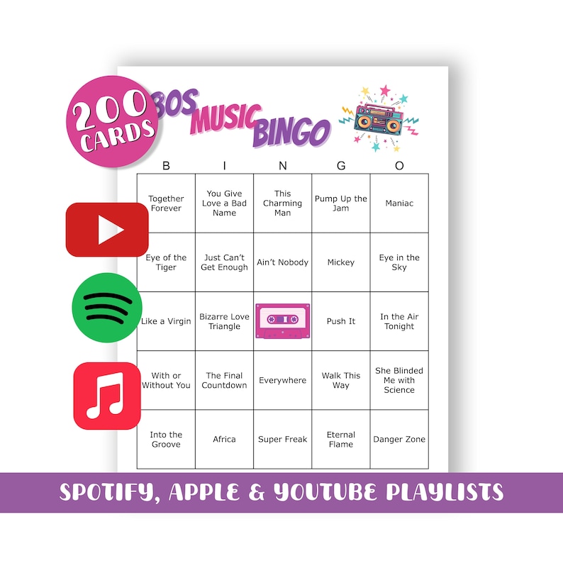 May include: A vibrant 80s Music Bingo game card with a pink and white design. The card features song titles, a boombox graphic, and the text "200 Cards." Includes Spotify, Apple, and YouTube playlists.