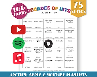 70s 80s 90s Music Bingo Game: 100 Cards, Playlists (Digital Download)