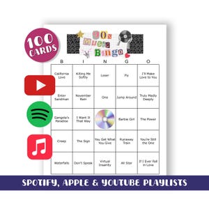 Bingo musical des années 90 (100 CARTES) à téléchargement numérique - (listes de lecture Spotify, Apple et YouTube incluses dans votre téléchargement)
