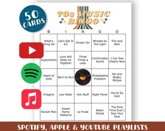 70s Music Bingo Game: 50 Printable Cards (Digital Download) - With Playlists