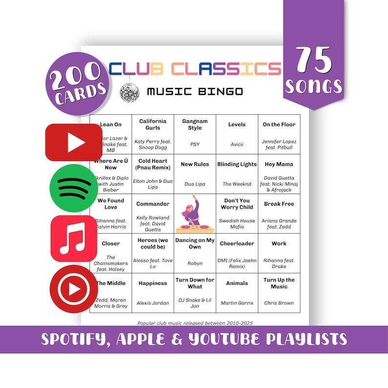 Puede incluir: Una tarjeta de juego de Bingo musical con el texto "200 Club Classics" y "75 Songs". La tarjeta presenta una cuadr&iacute;cula de t&iacute;tulos de canciones y nombres de artistas, con logotipos de Spotify, Apple y YouTube. El juego es para m&uacute;sica de club popular lanzada entre 2010 y 2025.