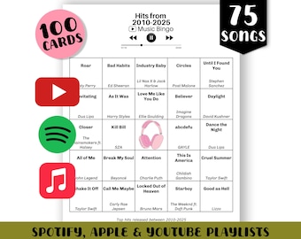 2000s Music Bingo Game: 100 Cards, Spotify/Apple/YouTube Playlists (Digital Download)