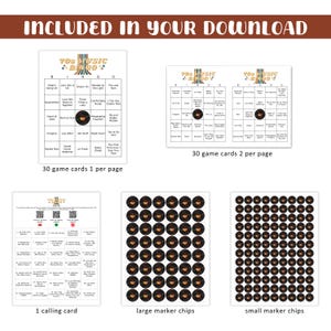 May include: A collection of 70s Music Bingo game components. Includes bingo cards, calling card, and marker chips. The bingo cards feature song titles. The text "INCLUDED IN YOUR DOWNLOAD" is at the top.