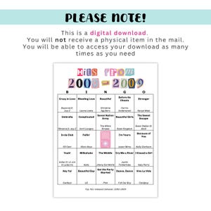 May include: A bingo card featuring the text "Hits from 2000-2009" with a list of popular songs from the 2000s. The card includes song titles and artist names, perfect for a game night or party.
