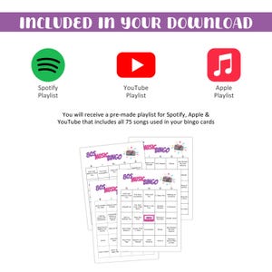 May include: A white background with the text "INCLUDED IN YOUR DOWNLOAD" and icons for Spotify, YouTube, and Apple Music playlists. Several 80s Music Bingo cards are visible, featuring song titles.