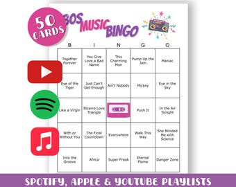 80s Music Bingo Game: 50 Printable Cards (Digital Download, Playlists Included