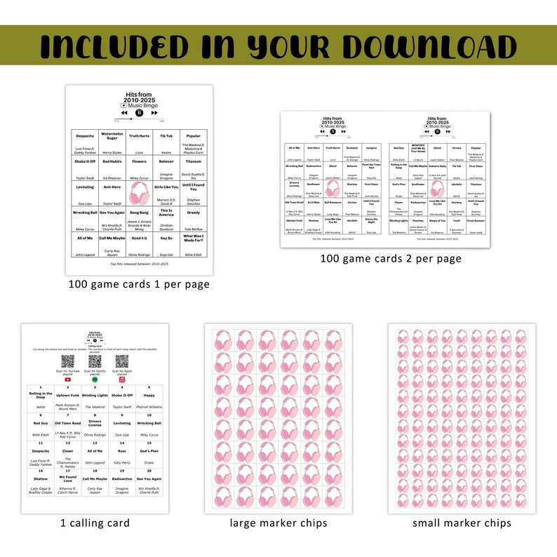 May include: A music bingo game set with multiple components. The set includes 100 game cards, a calling card, and marker chips. The game cards feature song titles from 2010-2025. The marker chips are pink headphones.